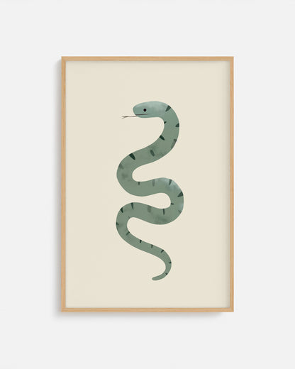 Cuadro infantil ilustrado de serpiente verde decorativa
