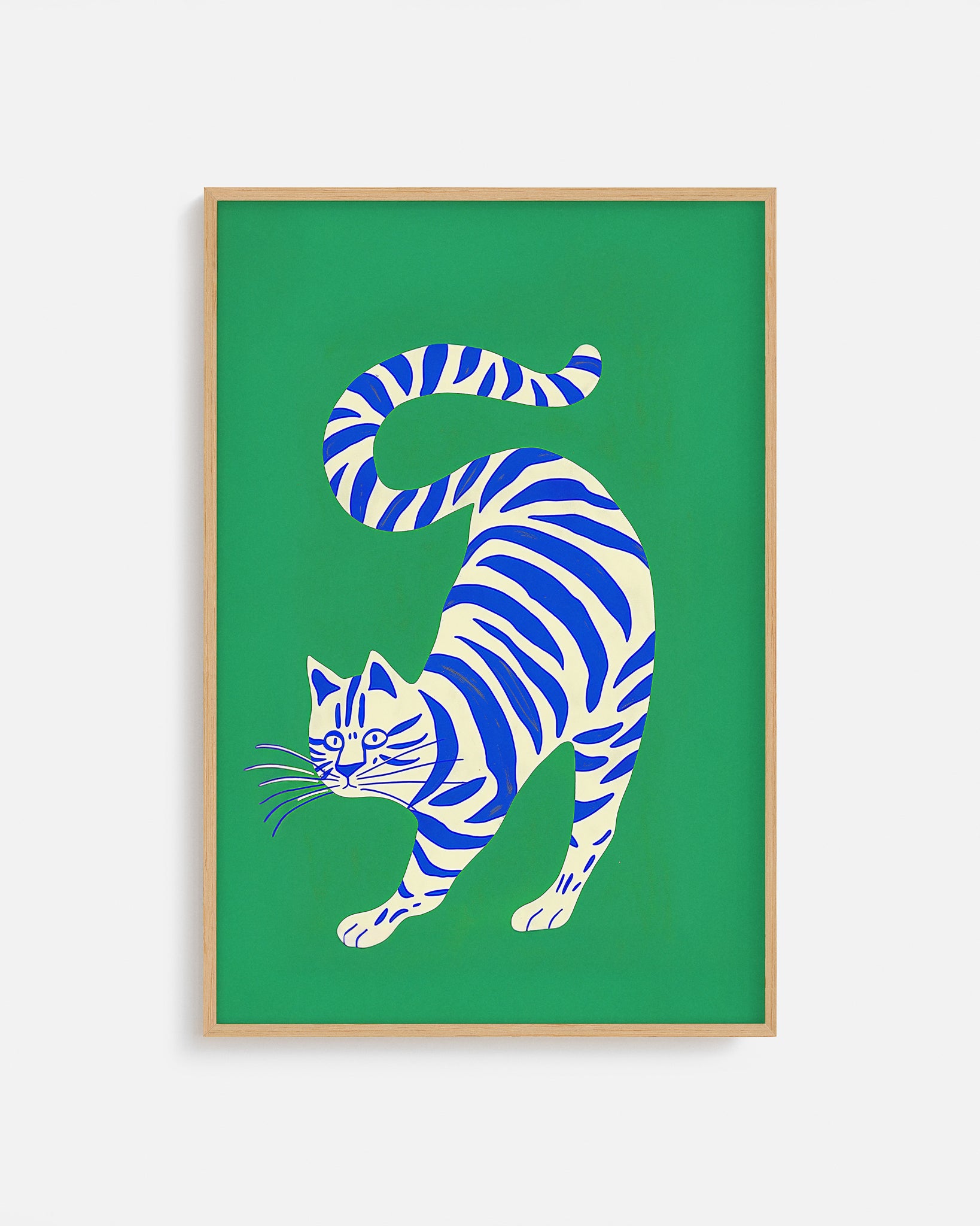 Cuadro infantil ilustrado de gato blanco con rayas azules
