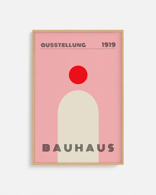 Cuadro minimalista Bauhaus con arco beige y círculo rojo