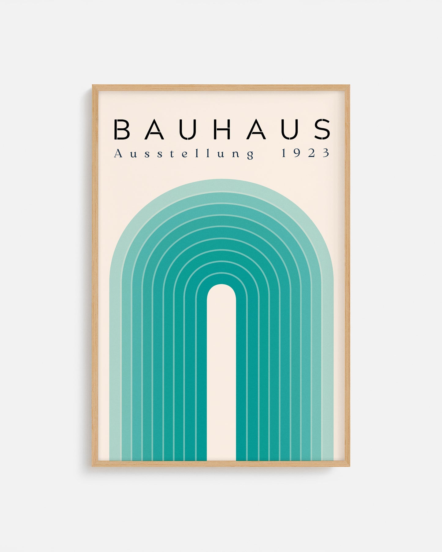 Cuadro Bauhaus con arco en tonos verde agua sobre fondo beige
