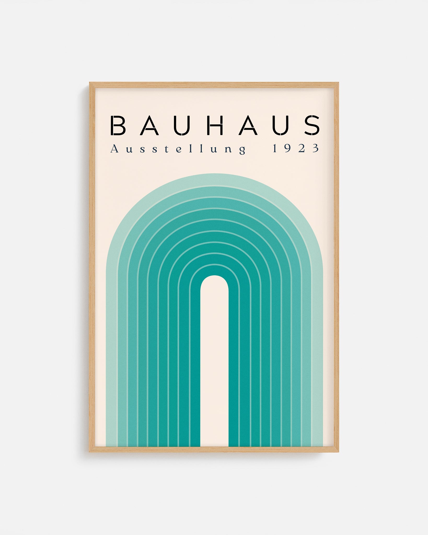 Cuadro Bauhaus con arco en tonos verde agua sobre fondo beige
