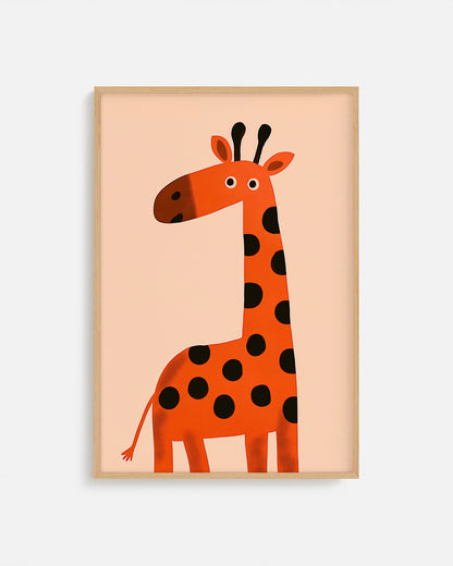 Cuadro infantil ilustrado de jirafa naranja con lunares
