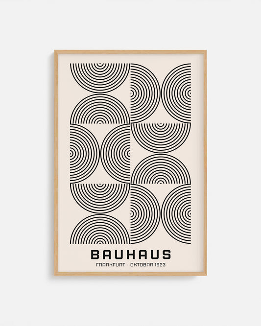 Cuadro Bauhaus con semicírculos concéntricos en blanco y negro
