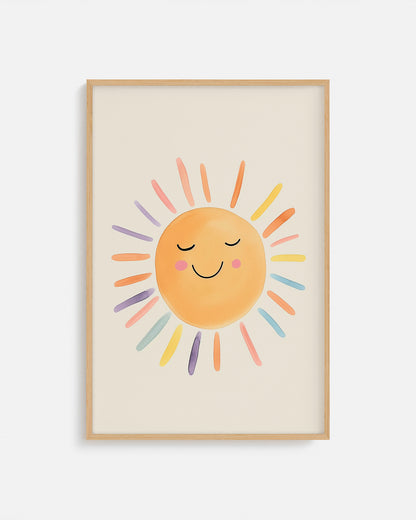Cuadro infantil ilustrado de sol sonriente con rayos de colores
