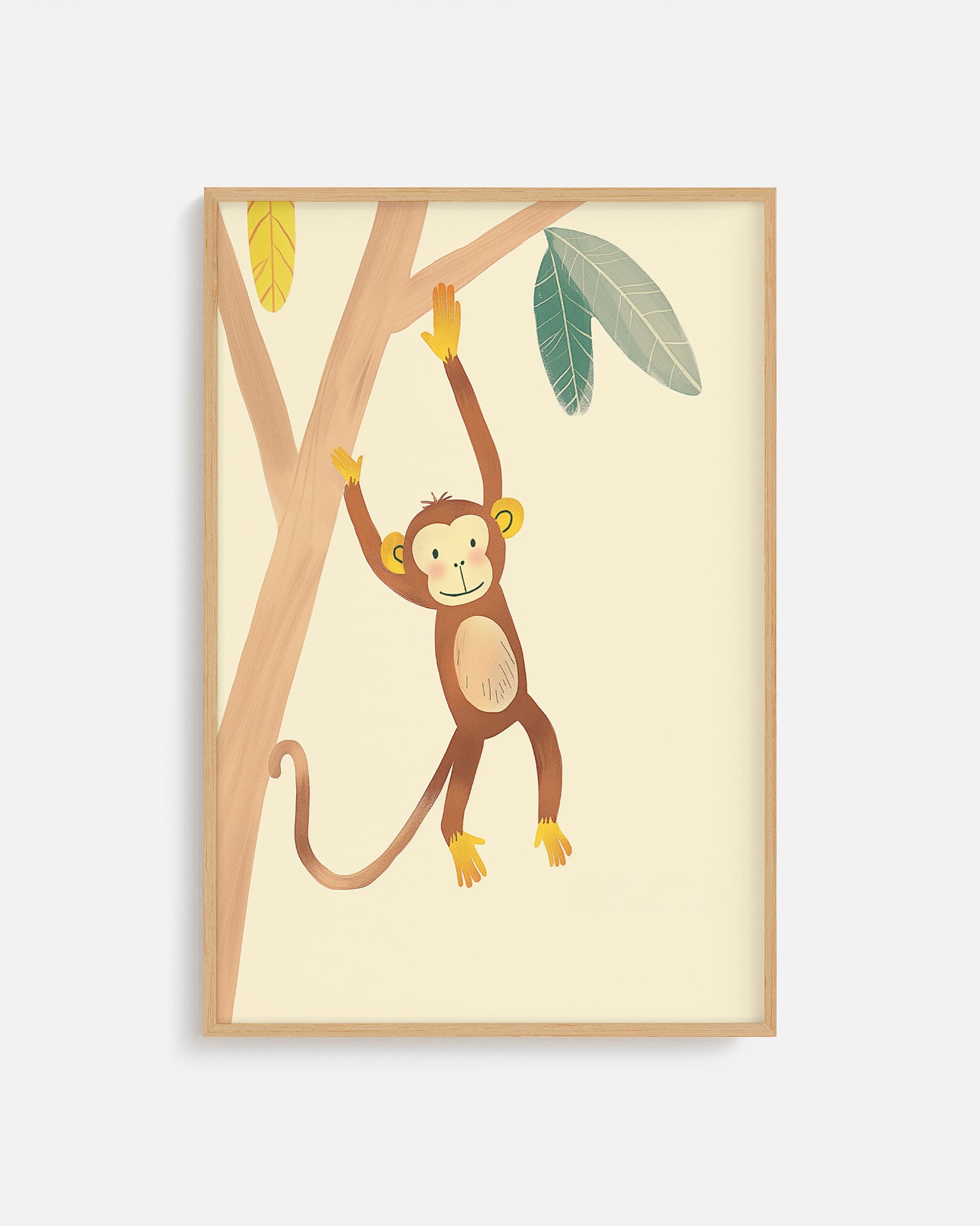 Cuadro infantil ilustrado de mono colgado en un árbol