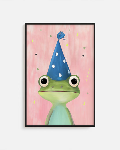 Cuadro infantil ilustrado de rana verde con gorro de fiesta