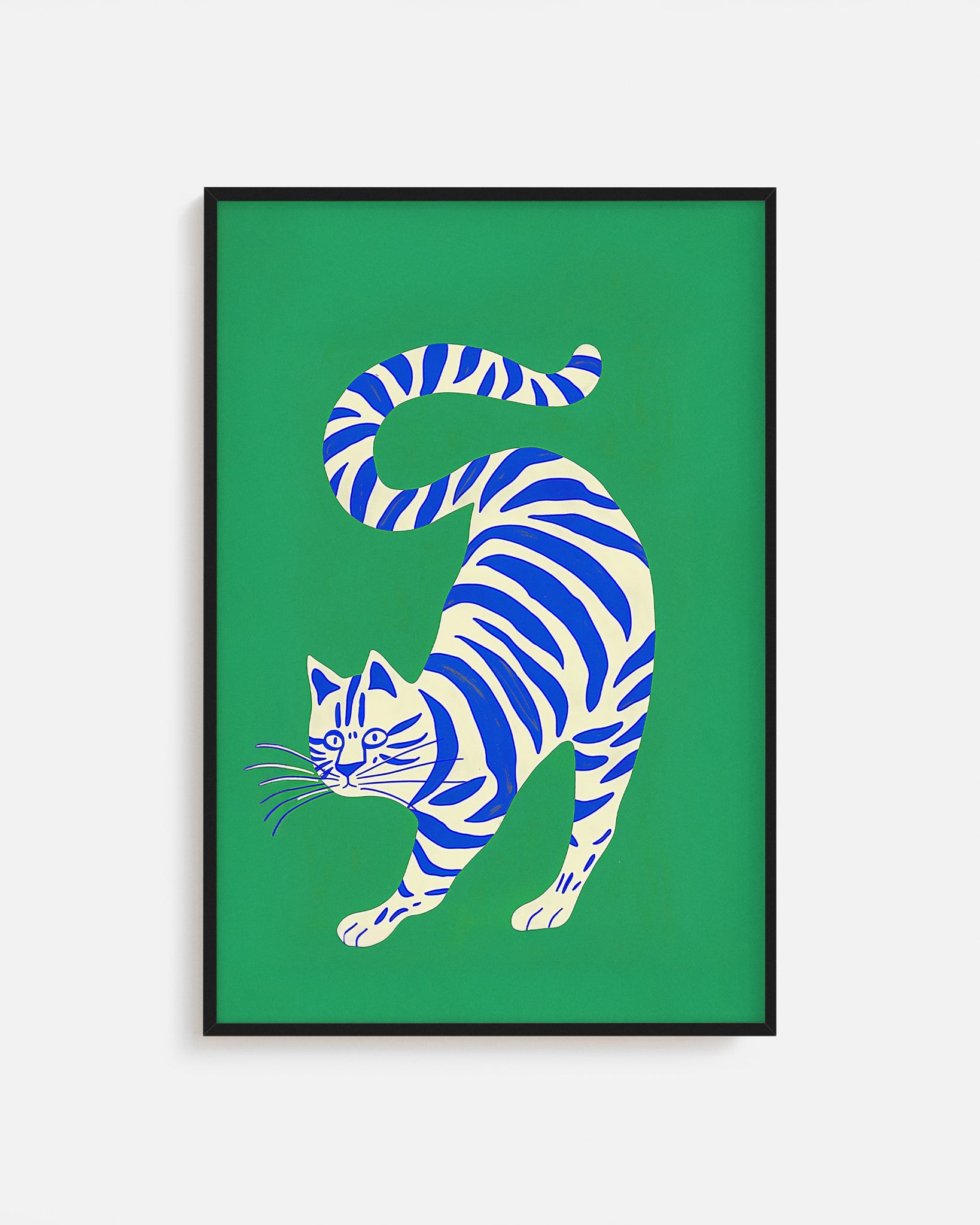 Cuadro infantil ilustrado de gato blanco con rayas azules
