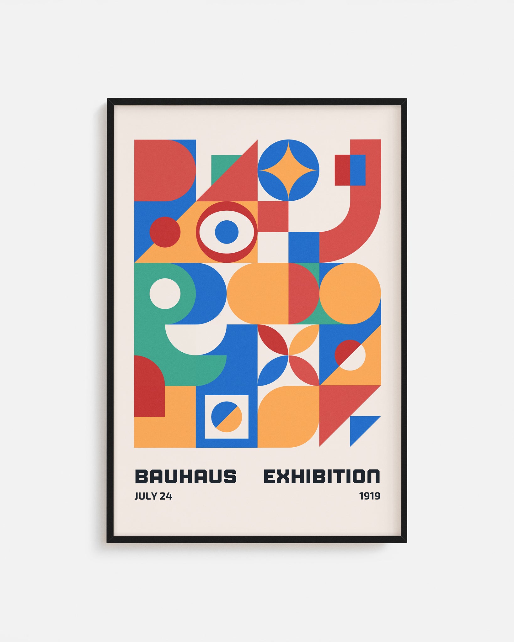 Cuadro Bauhaus con composición geométrica en rojo, azul, amarillo y verde