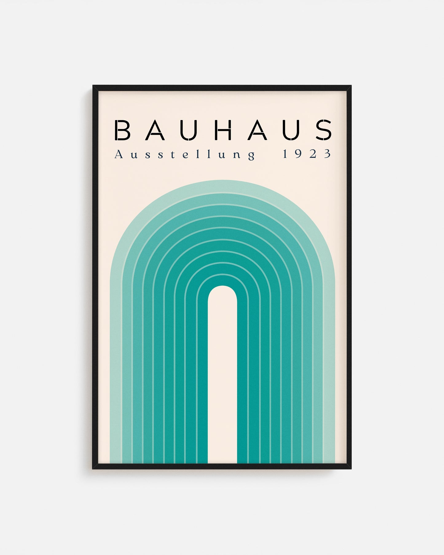 Cuadro Bauhaus con arco en tonos verde agua sobre fondo beige
