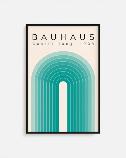 Cuadro Bauhaus con arco en tonos verde agua sobre fondo beige
