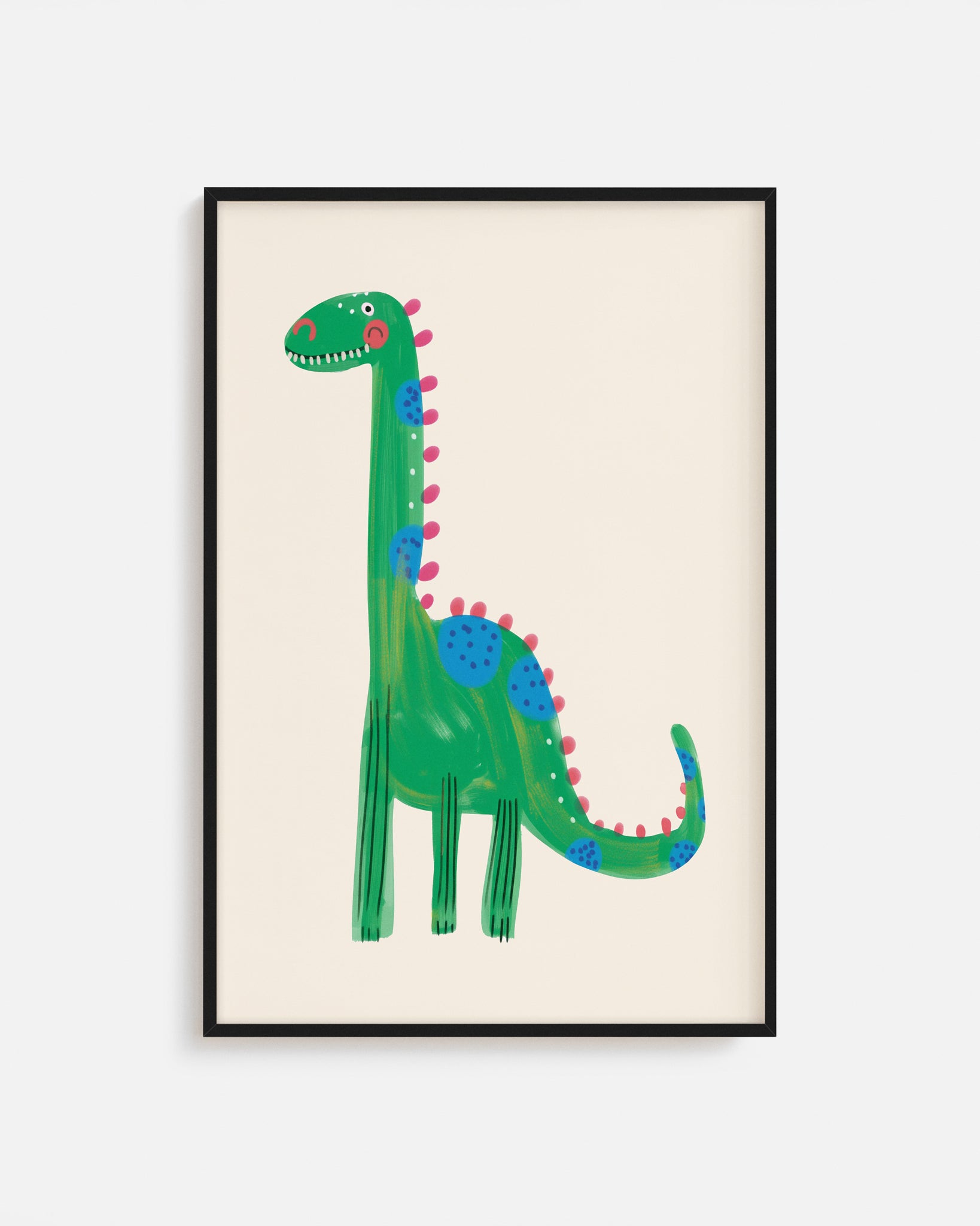 Cuadro infantil ilustrado de dinosaurio verde con manchas
