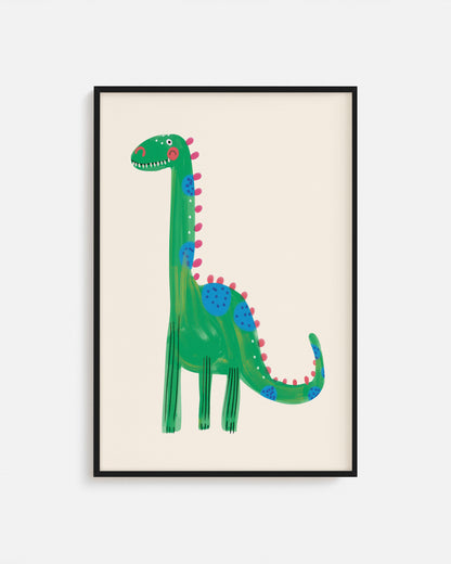 Cuadro infantil ilustrado de dinosaurio verde con manchas