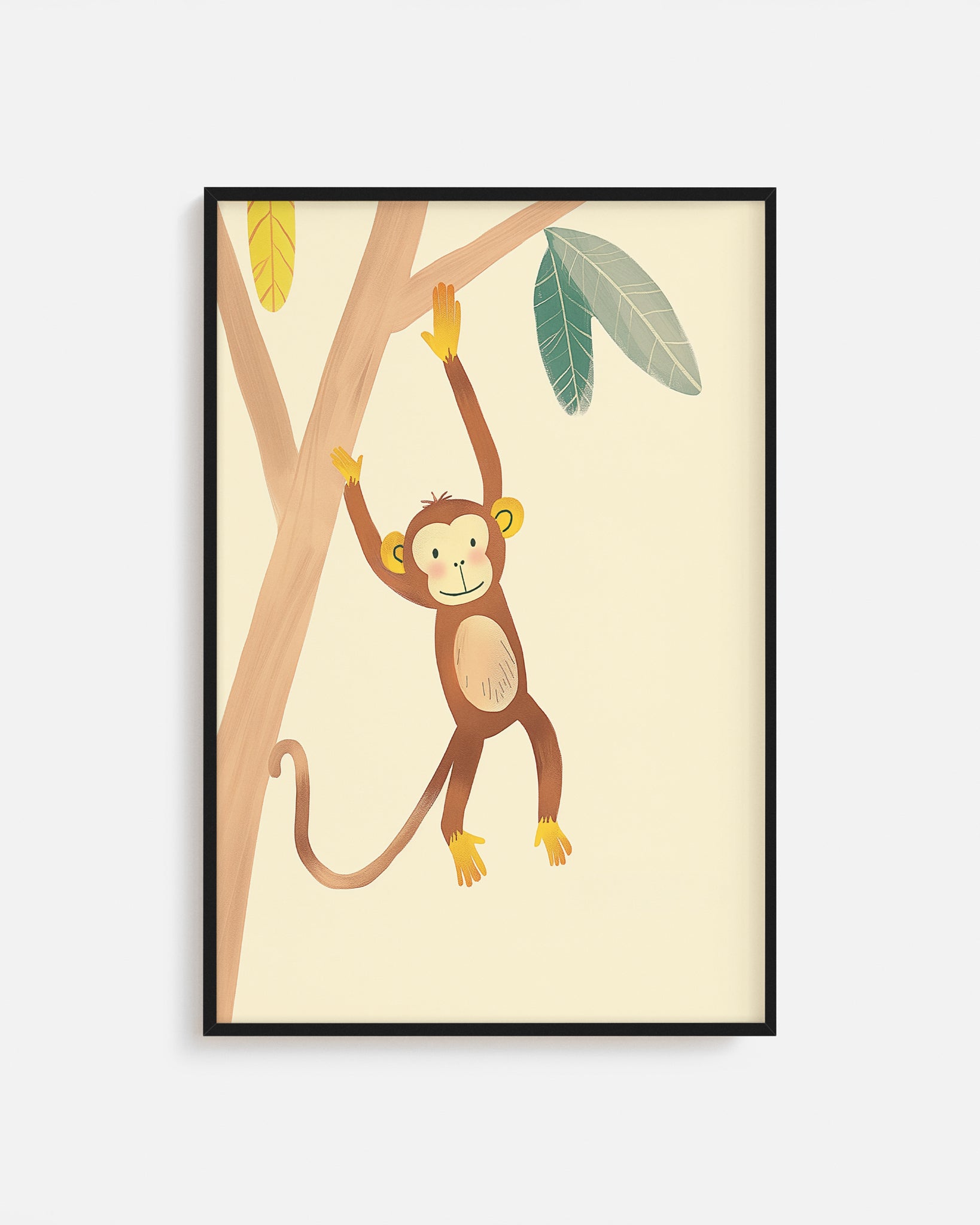 Cuadro infantil ilustrado de mono colgado en un árbol