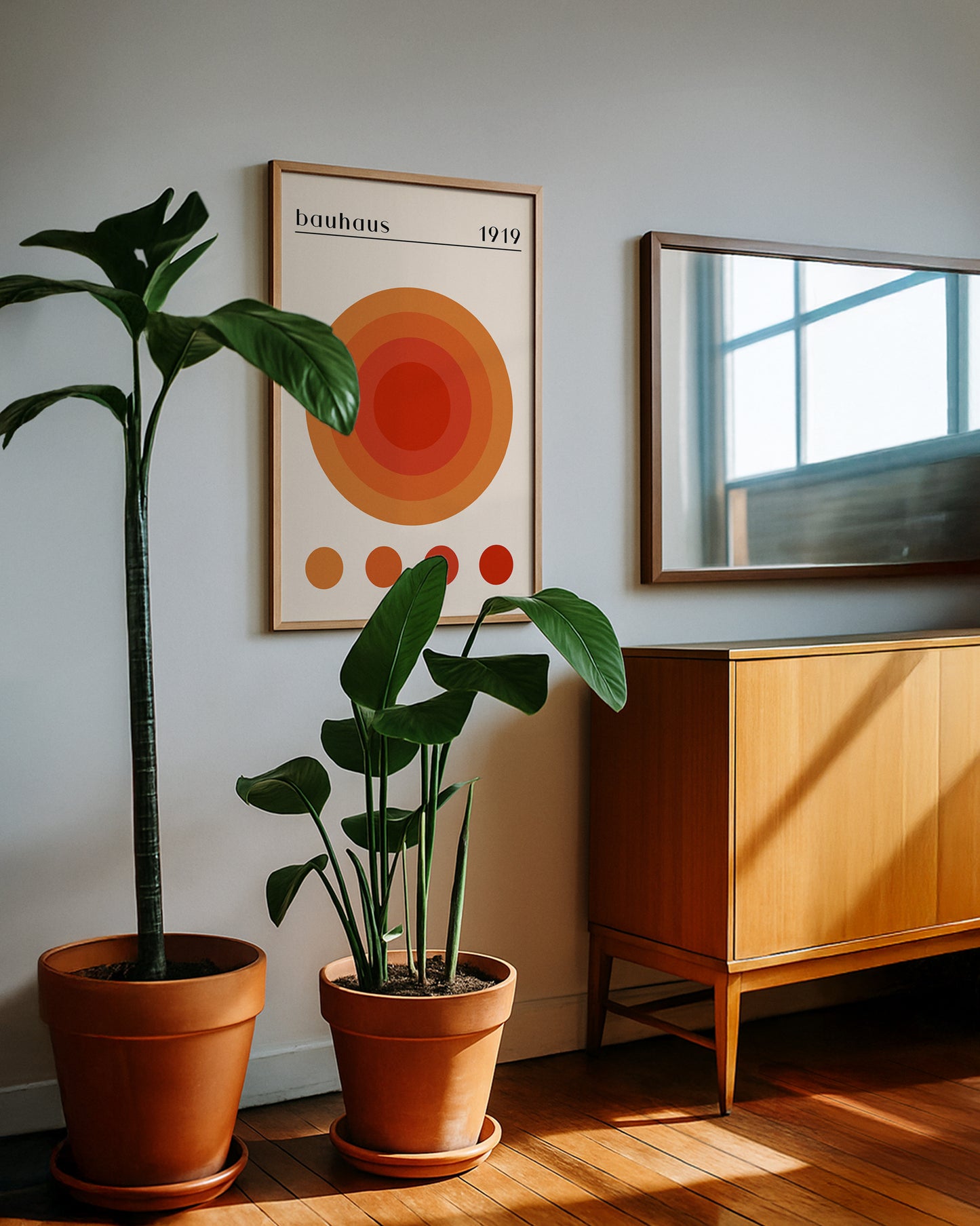 Cuadro Bauhaus con diseño geométrico  naranja y rojo sobre fondo beige
